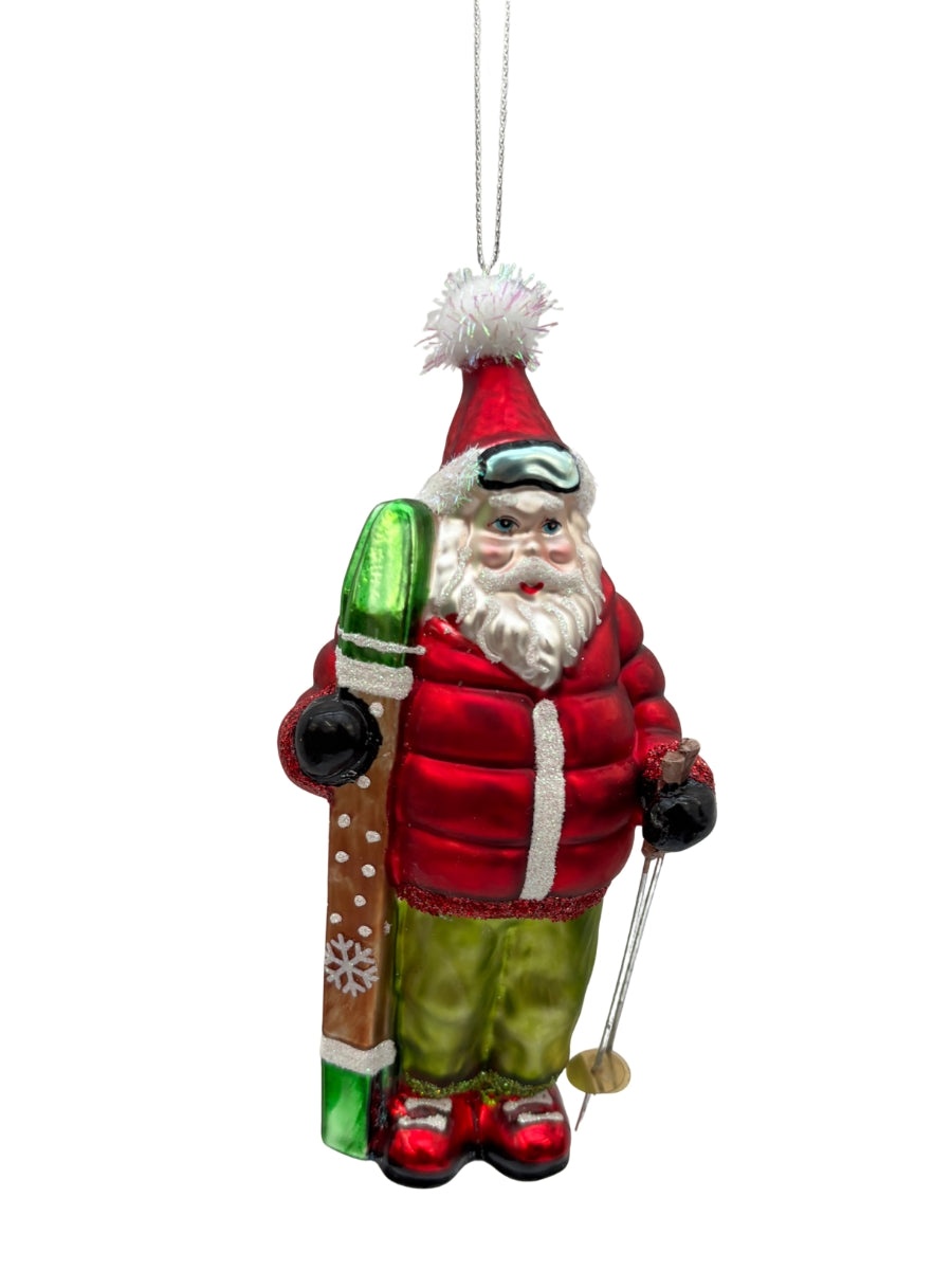 Glass Santa w/ Skis Ornament